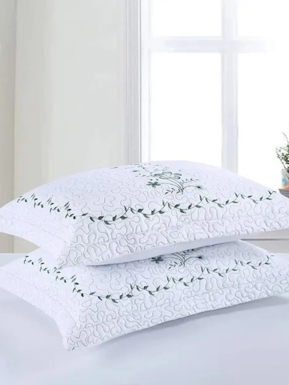 Embroidered Floral White Pillow Shams - Set of 2